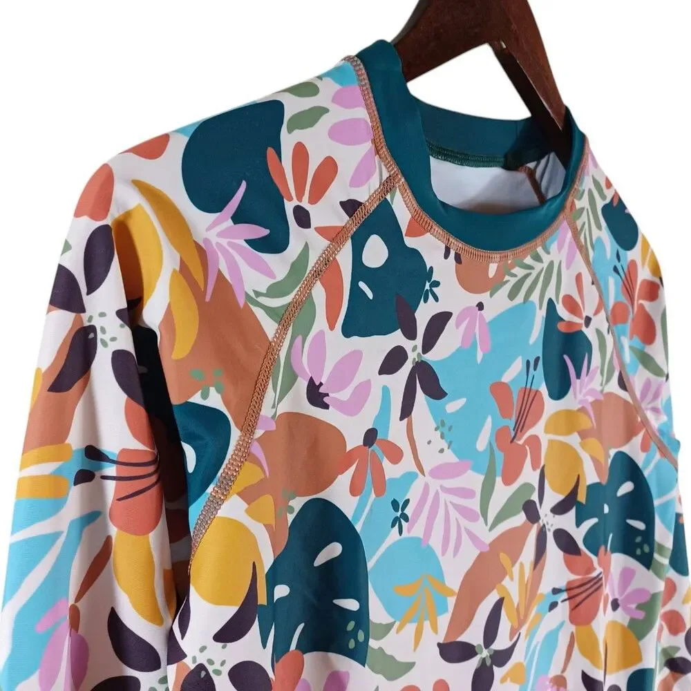 NWT Girls Kid 1234 Swim Shirt 13-14yr Long Sleeve L-XL Rashguard Floral UPF 50